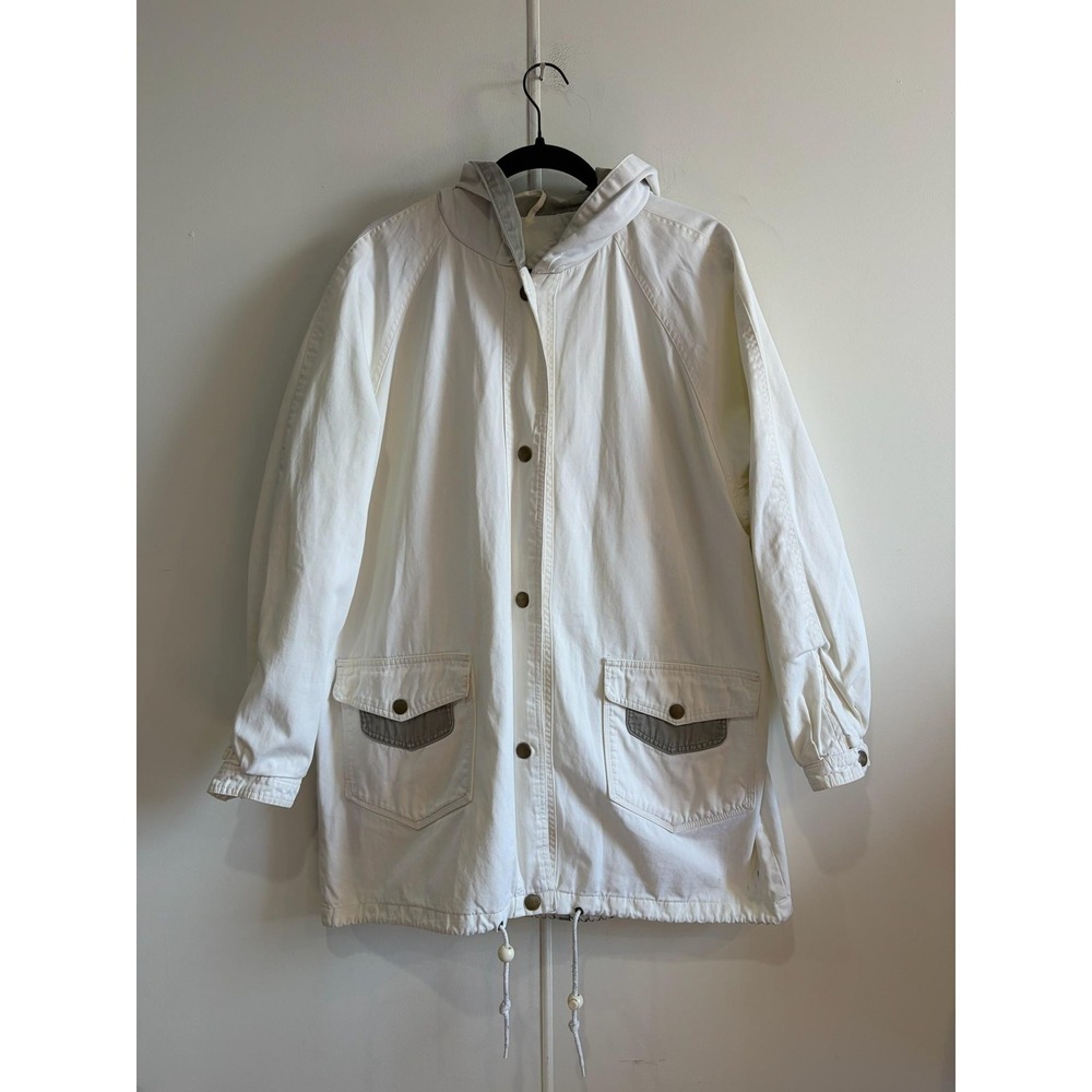 VTG Andy Johns Coat Mens Large White Cotton‎ Canvas Hooded Parka Lined 90s